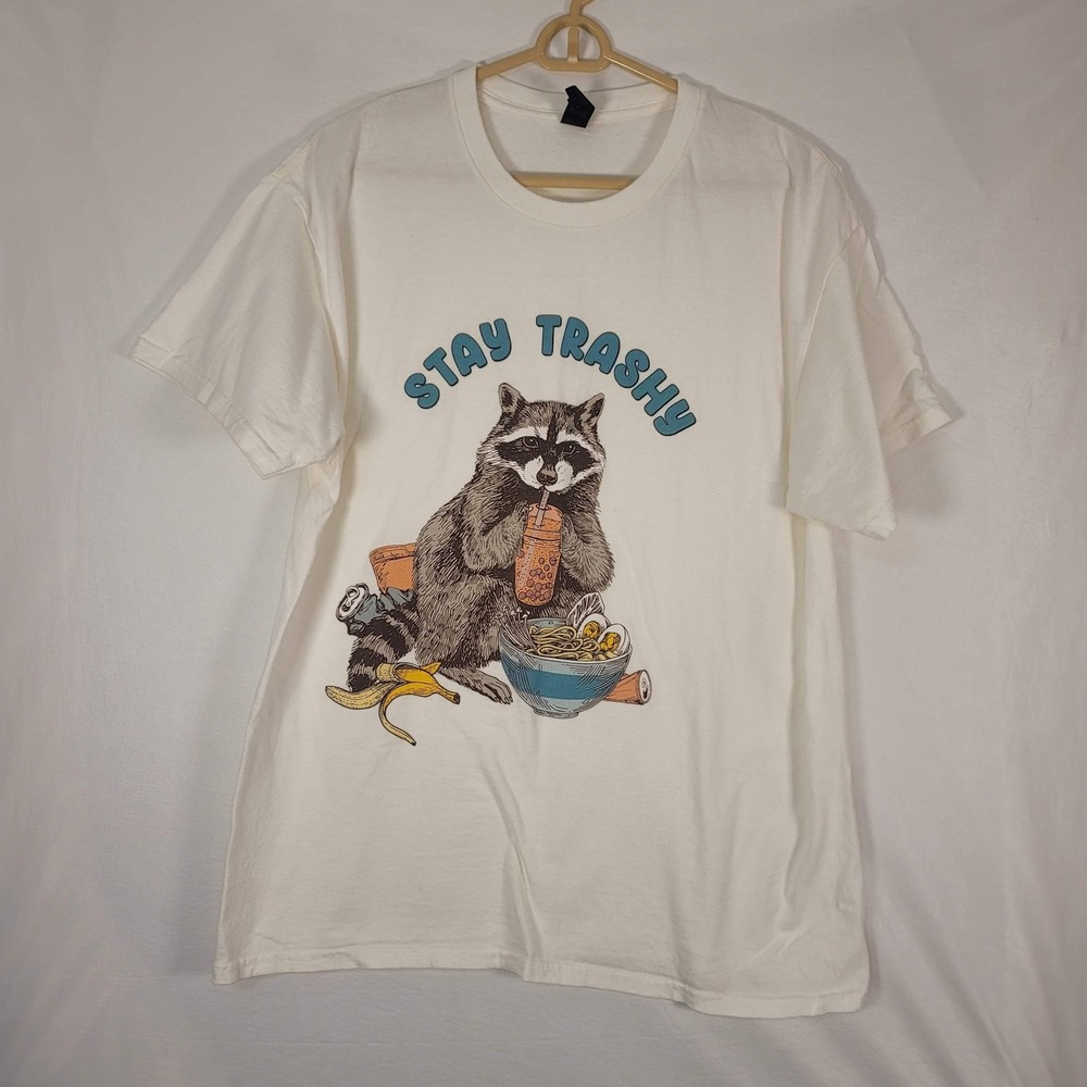 Stay Trashy Raccoon Shirt Unisex Large White Gildan Funny Graphic Tee